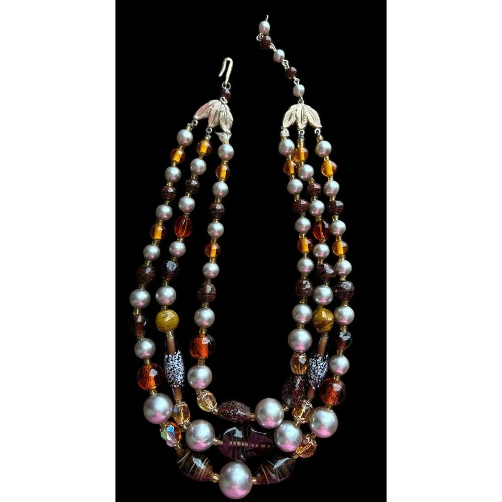Vintage Signed Japan Three Strand Beaded Necklace Faux Pearl Lampwork Glass - Picture 5 of 7